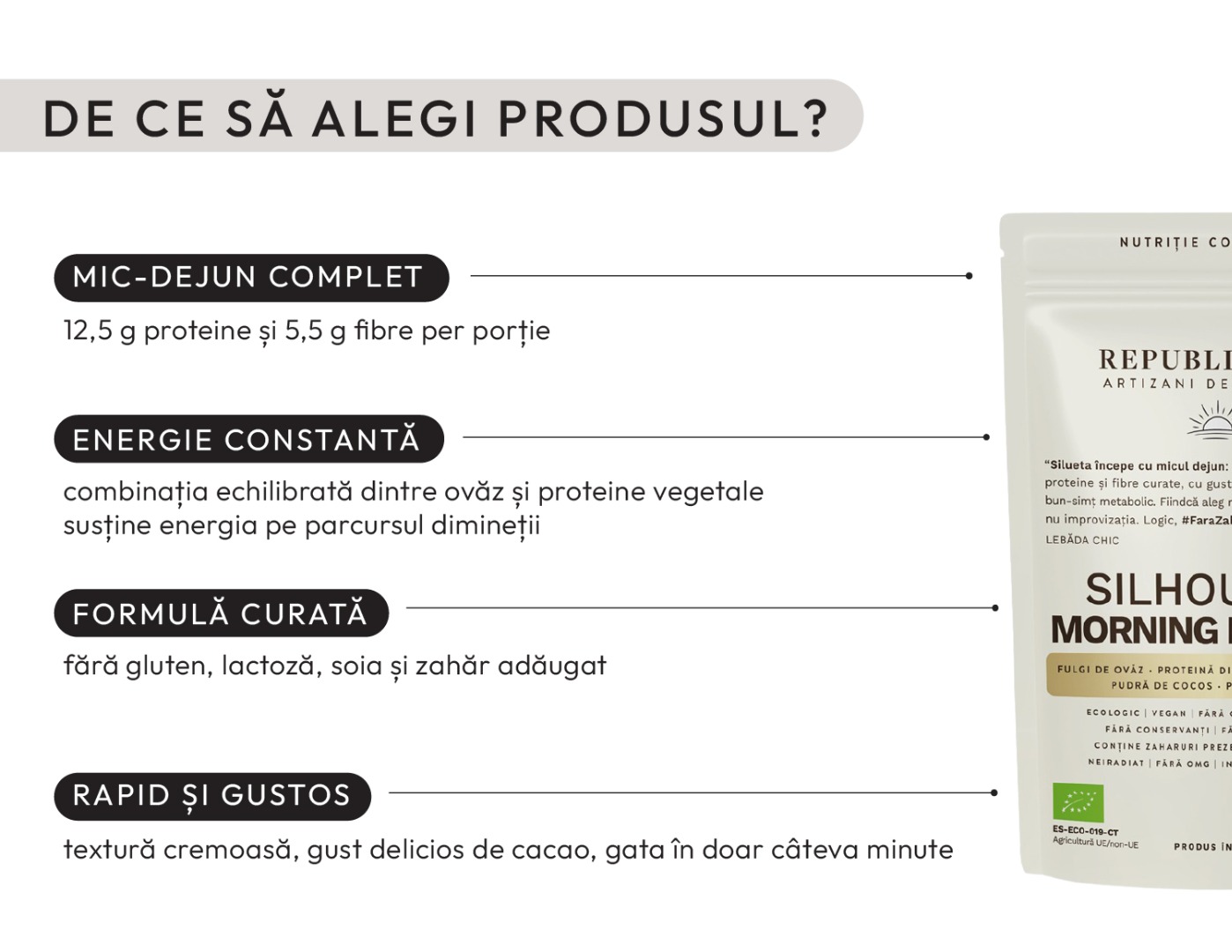 Silhouette Morning Balance: pudră funcțională ecologică pentru micul dejun, aport echilibrat de proteine și fibre, indice glicemic scăzut, rapid și ușor de preparat, gust delicios de cacao